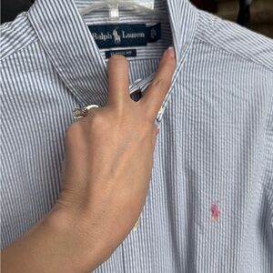 New L Large Ralph Lauren Men's Blue Striped Shirt short sleeve pink pony
